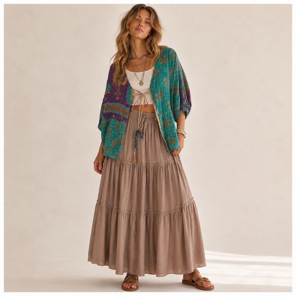 Boho Tiered Maxi Skirt Womens Size S Taupe Neutral Peasant Festival Prairie